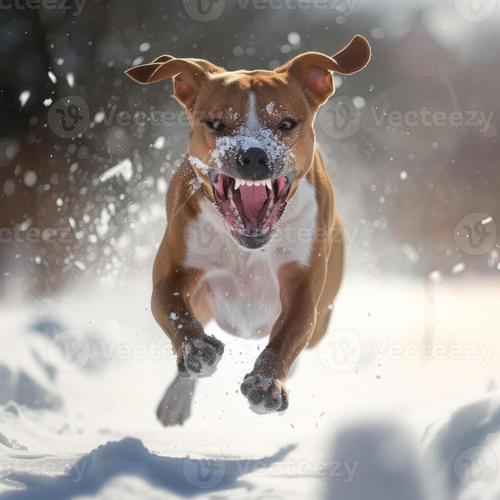 AI generated a dog with a large open mouth runs happily jumping in the snow photo