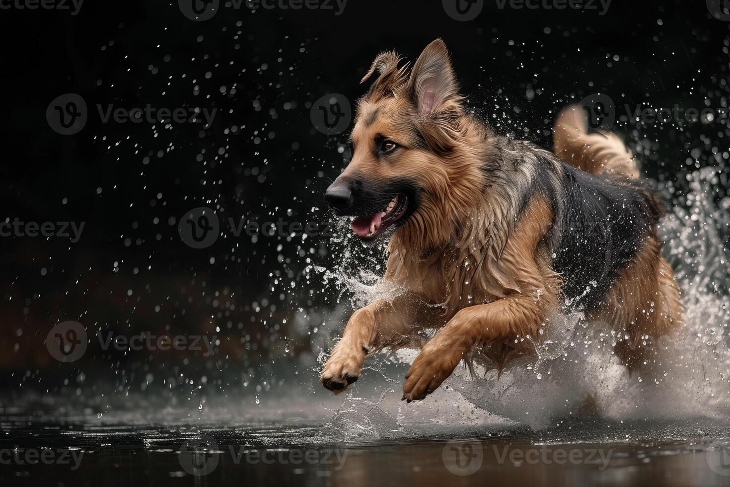 ai generado un perro con un abierto boca saltos en el agua, levantamiento salpicaduras en el del sol rayos foto