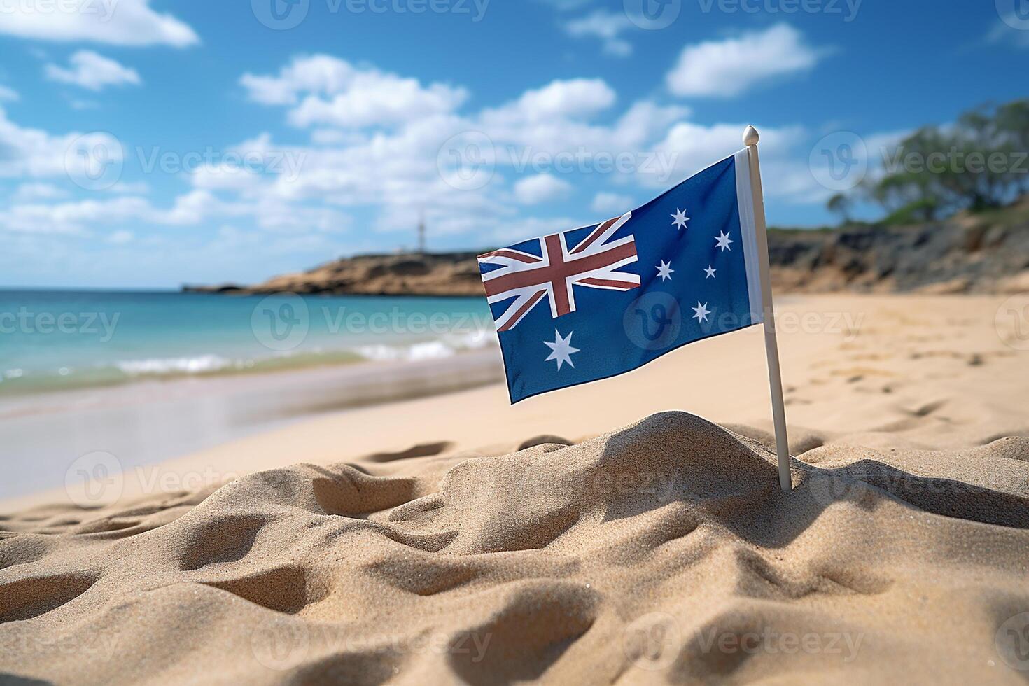 AI generated Happy Australia Day with National Flag on Beach Sand photo