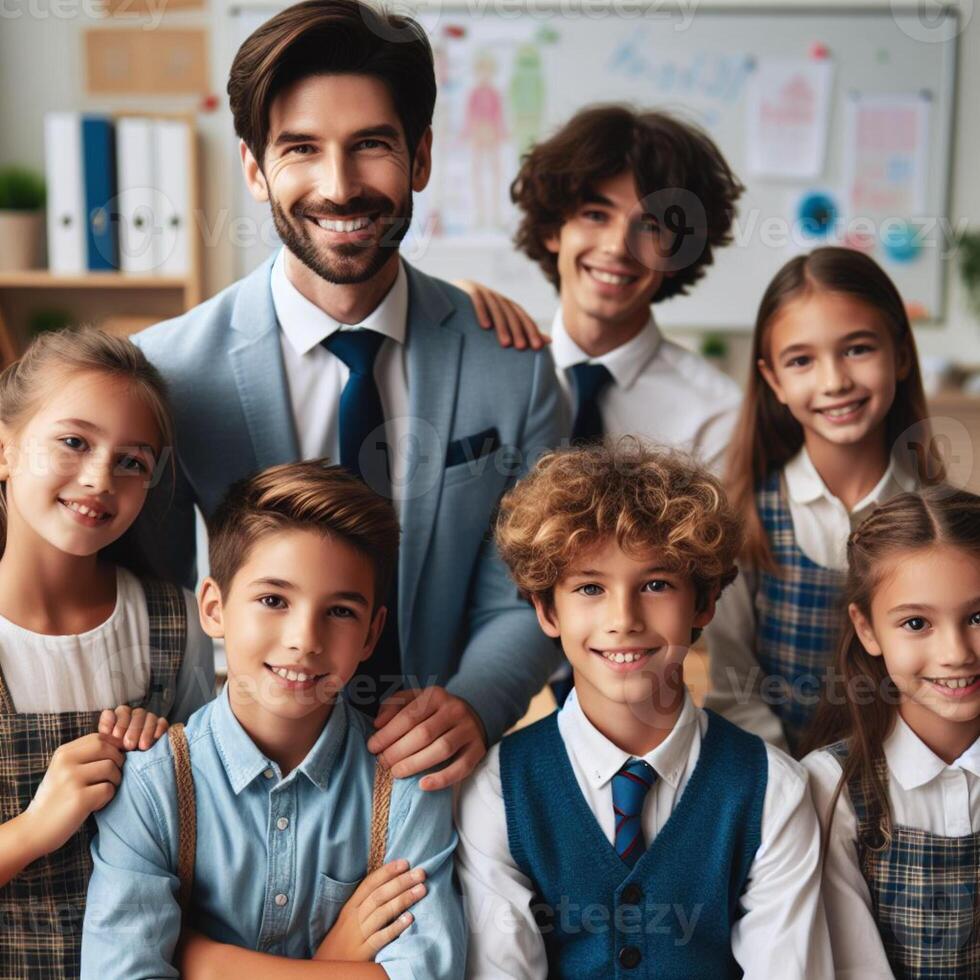 AI generated Handsome Male Professor Teacher with Students posing for Photoshoot photo