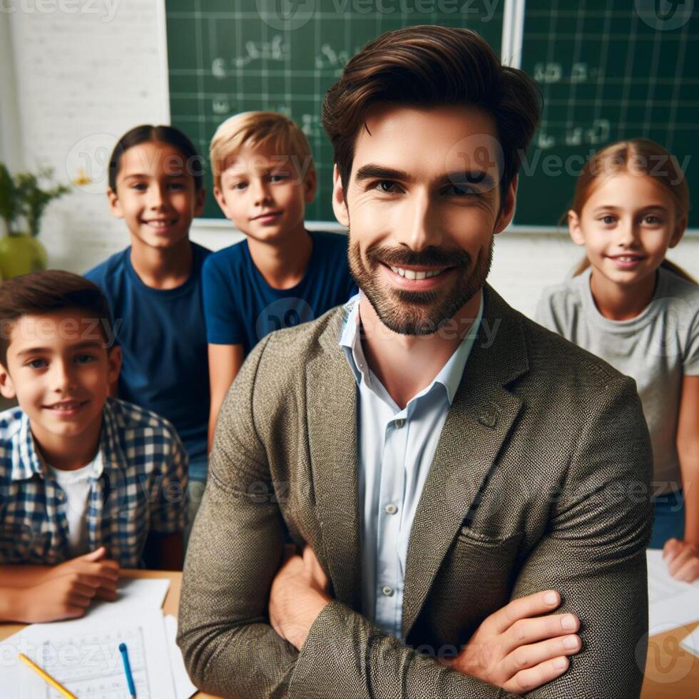 ai generado hermoso masculino profesor profesor con estudiantes posando para Sesión de fotos