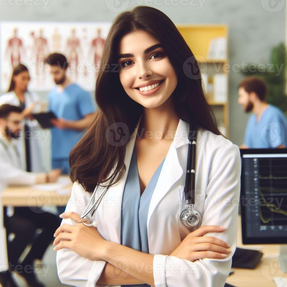 AI generated Beautiful Smiling Female Doctor Smiling For a Photoshoot in Hospital photo
