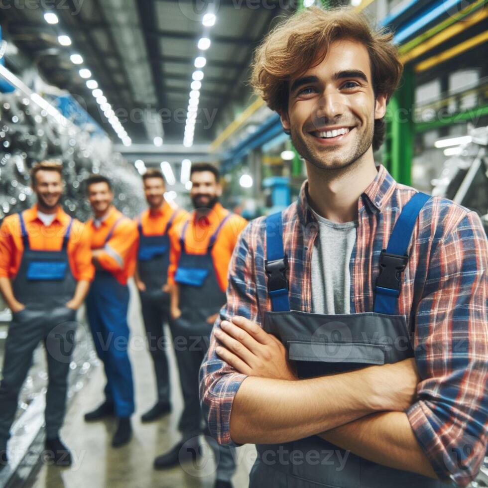 AI generated Happy Smiling Male Factory Worker posing inside an factory for a Photoshoot photo
