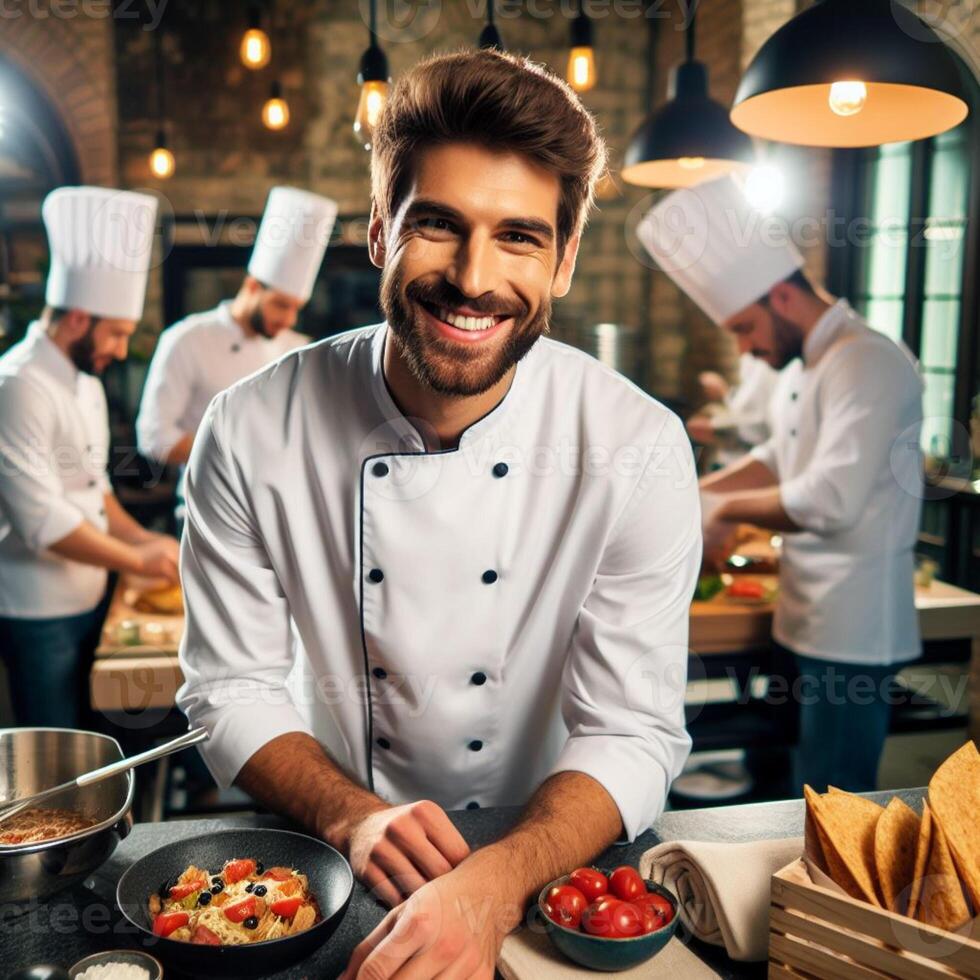 AI generated Male Chef and Female Chef working inside an Restaurant Smiling posing for Photoshoot photo