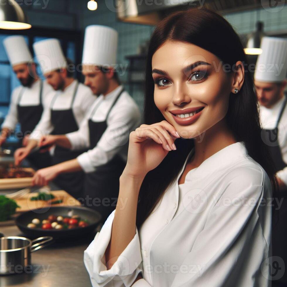 AI generated Male Chef and Female Chef working inside an Restaurant Smiling posing for Photoshoot photo