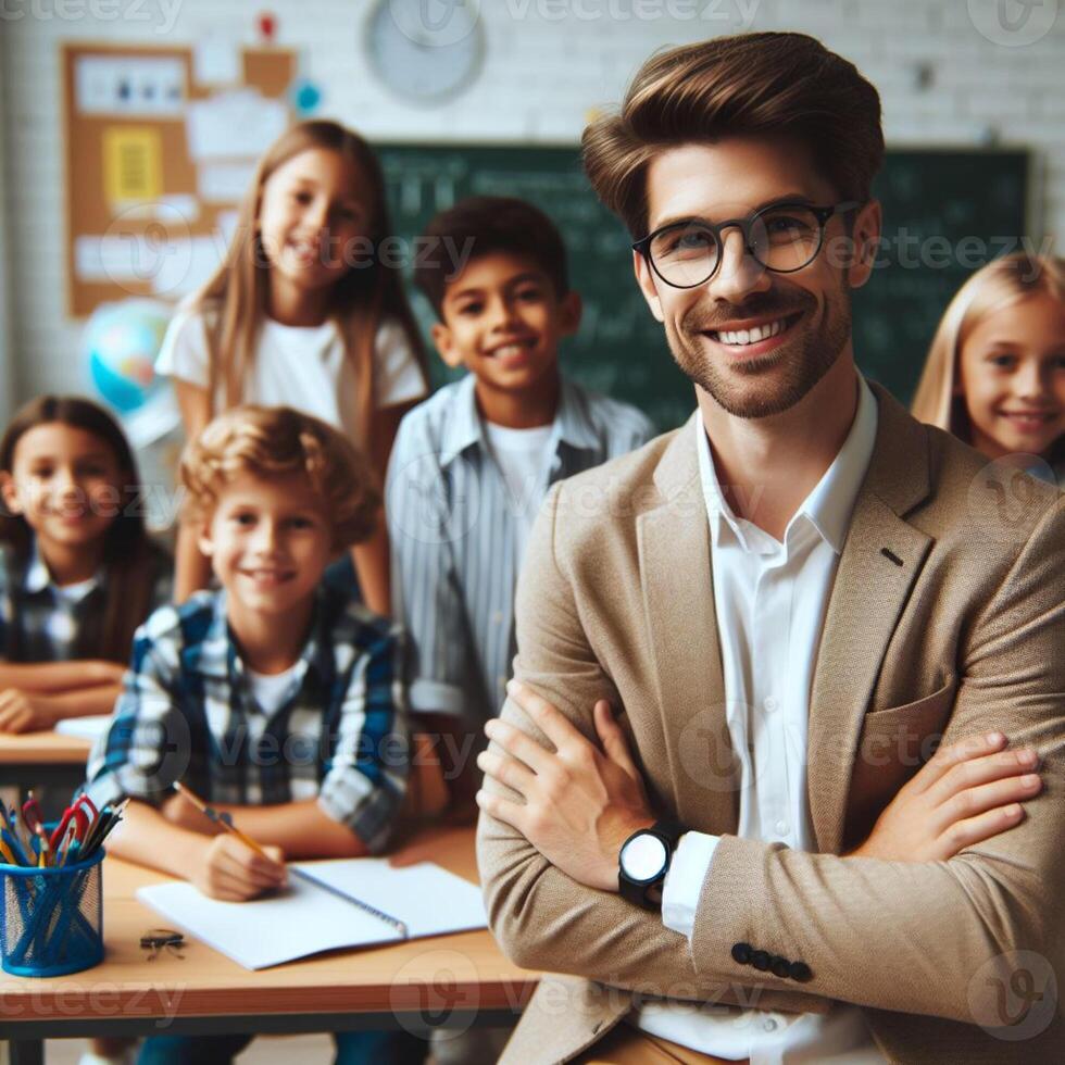 AI generated Handsome Male Professor Teacher with Students posing for Photoshoot photo