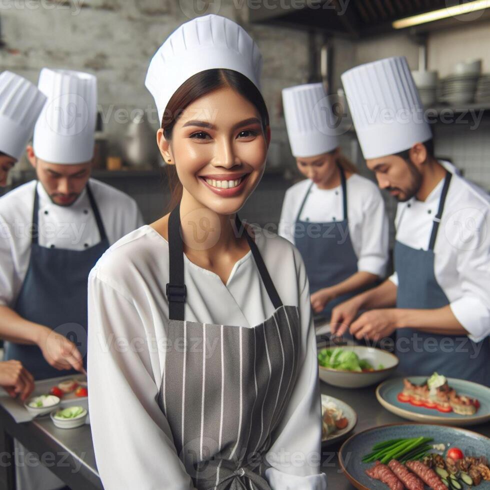 AI generated Male Chef and Female Chef working inside an Restaurant Smiling posing for Photoshoot photo