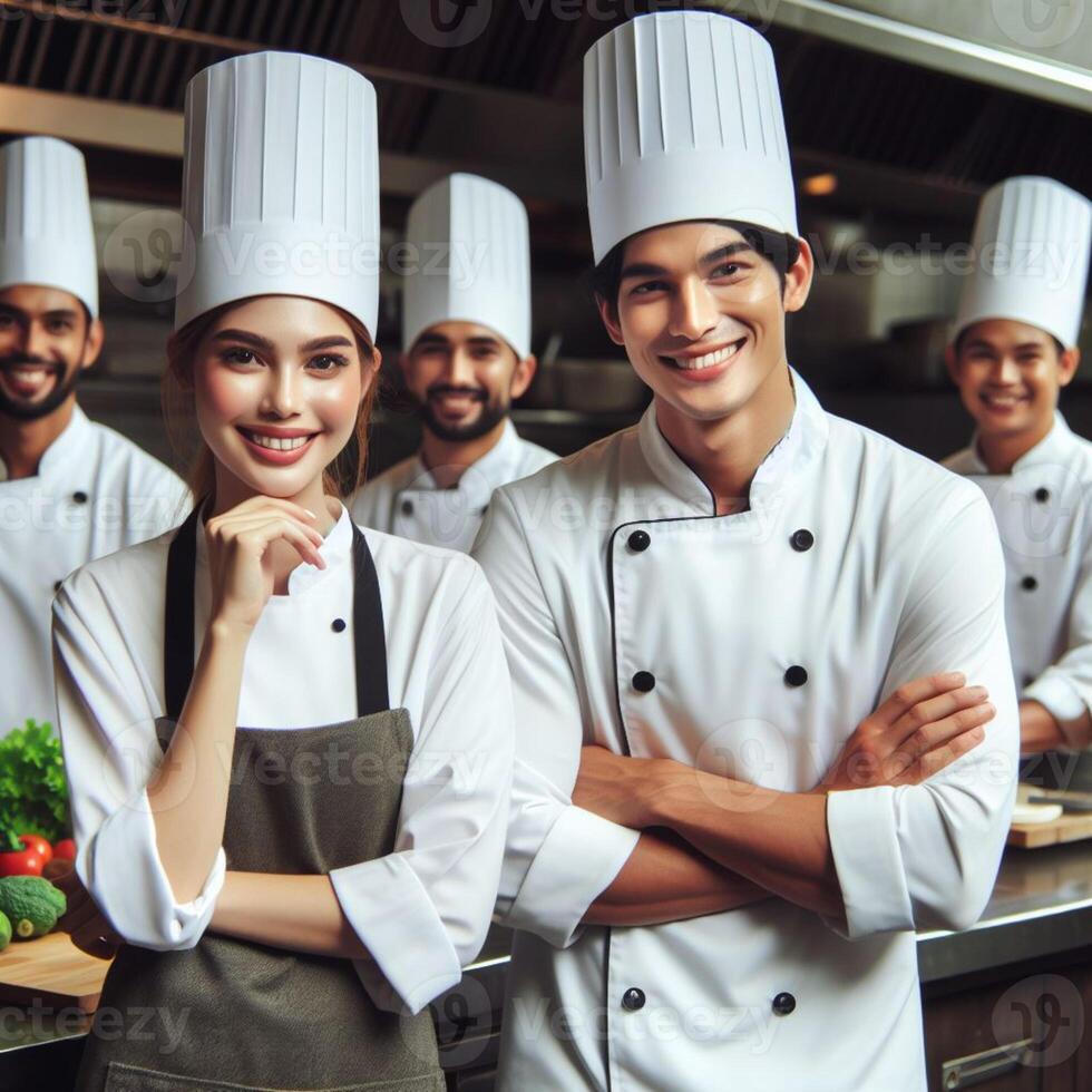 AI generated Male Chef and Female Chef working inside an Restaurant Smiling posing for Photoshoot photo