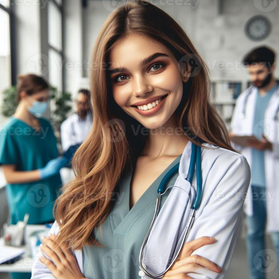 AI generated Beautiful Smiling Female Doctor Smiling For a Photoshoot in Hospital photo