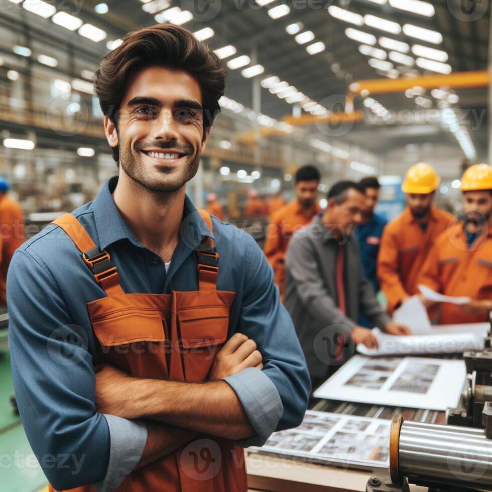AI generated Happy Smiling Male Factory Worker posing inside an factory for a Photoshoot photo