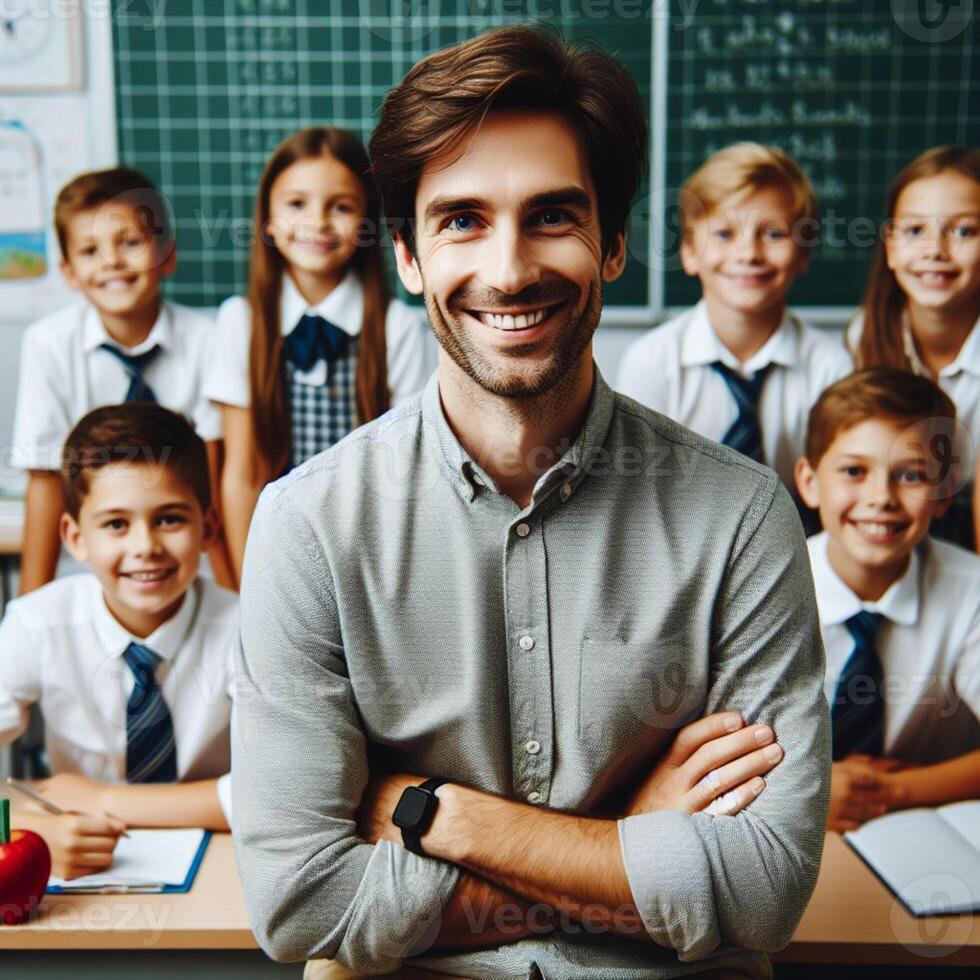 ai generado hermoso masculino profesor profesor con estudiantes posando para Sesión de fotos