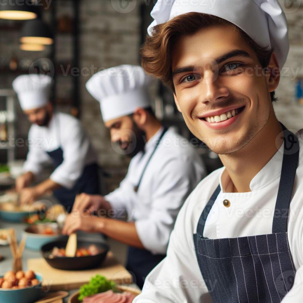 AI generated Male Chef and Female Chef working inside an Restaurant Smiling posing for Photoshoot photo