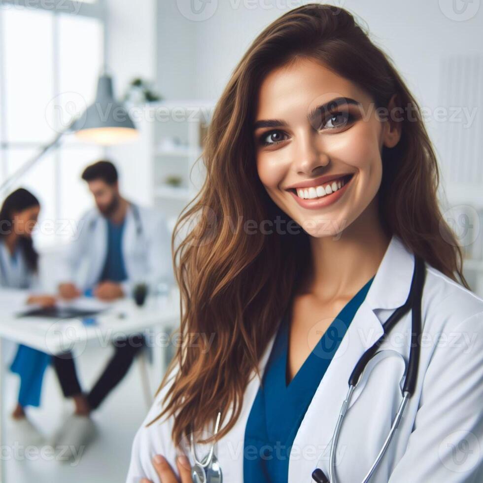 AI generated Beautiful Smiling Female Doctor Smiling For a Photoshoot in Hospital photo