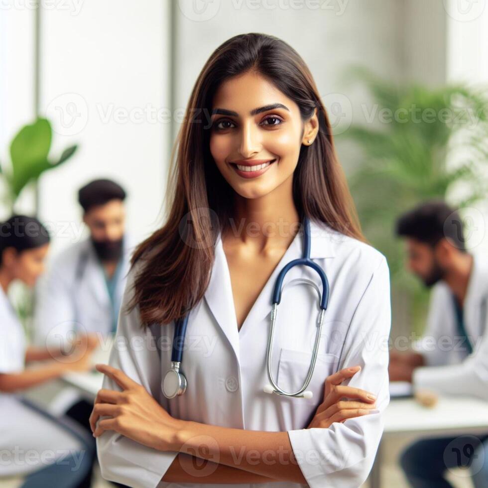 AI generated Beautiful Smiling Female Doctor Smiling For a Photoshoot in Hospital photo
