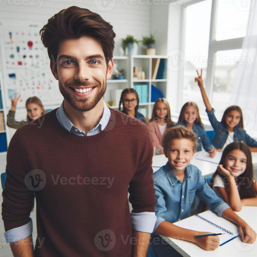 AI generated Handsome Male Professor Teacher with Students posing for Photoshoot photo