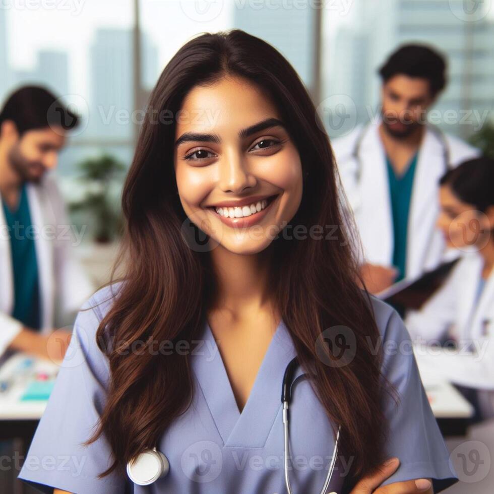 AI generated Beautiful Smiling Female Doctor Smiling For a Photoshoot in Hospital photo