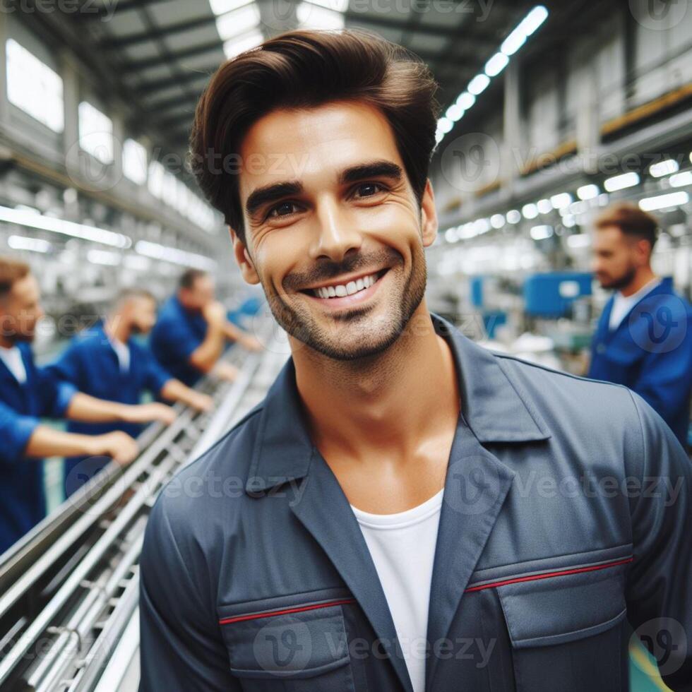 AI generated Happy Smiling Male Factory Worker posing inside an factory for a Photoshoot photo
