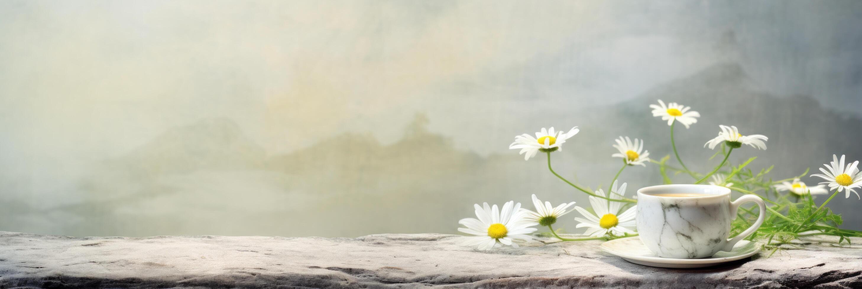 AI generated a white cup of daisys with green grass in the background, and some rocks on the table photo