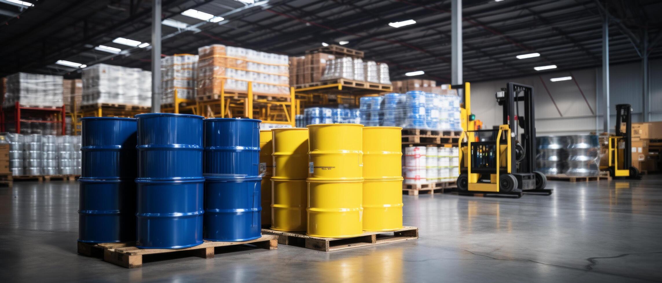 AI generated a big warehouse is full of blue barrels photo