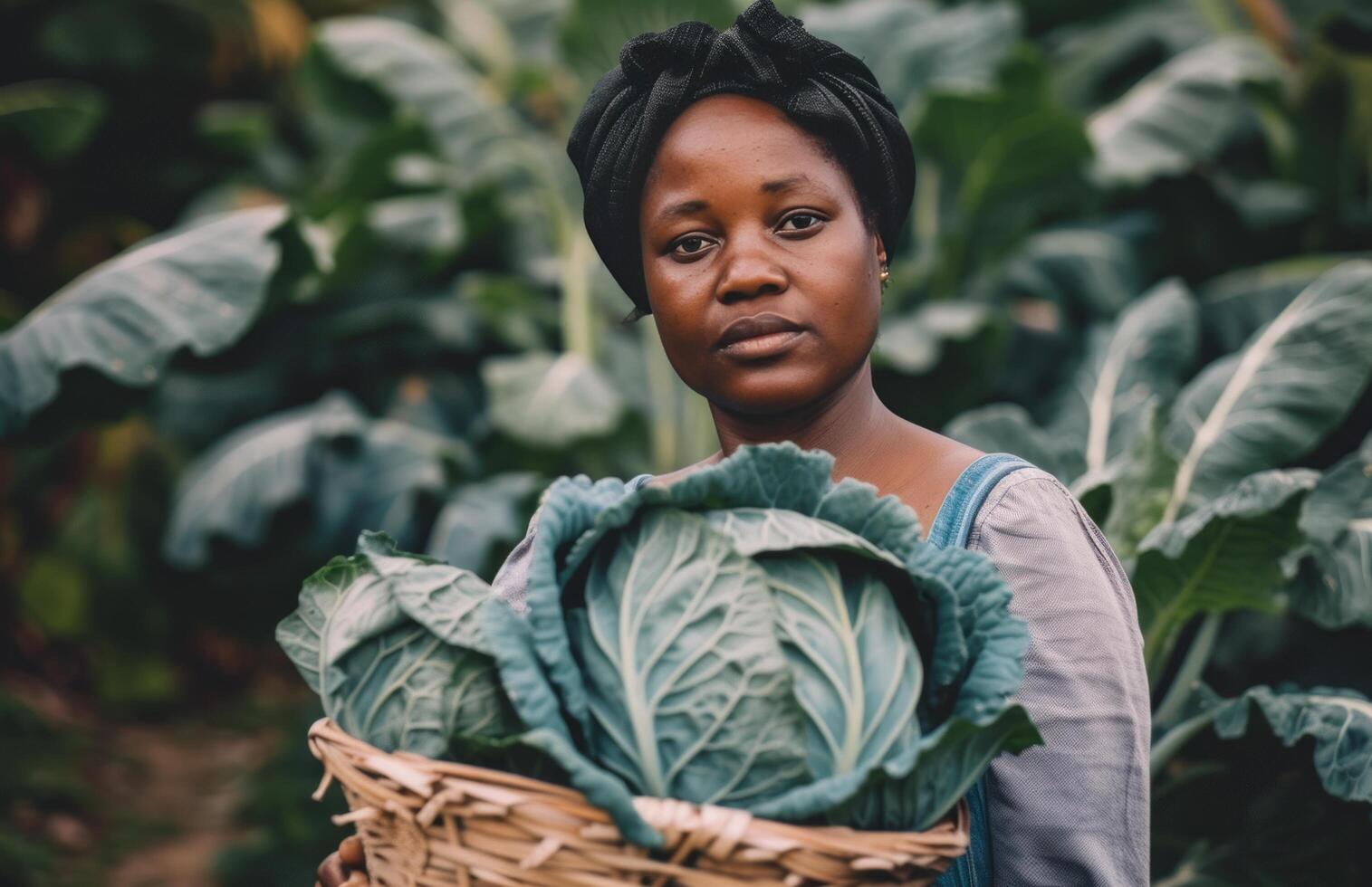 AI generated a black woman holding a basket full of cabbage photo