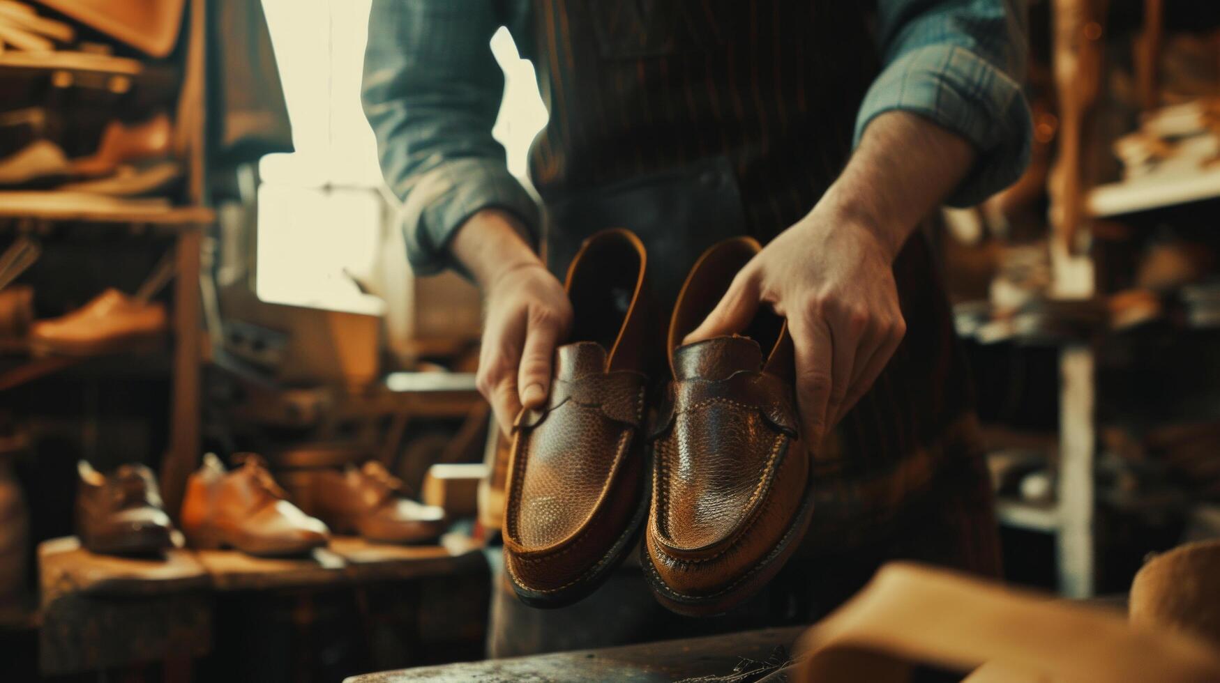 ai generado un zapatero personaliza varios roles utilizando natural marrón cuero y trabajos con textiles en el taller foto