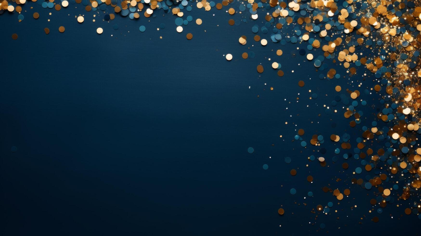 AI generated Beautiful abstract blue minimalistic background with golden small confetti and lots of space for texts in the center photo