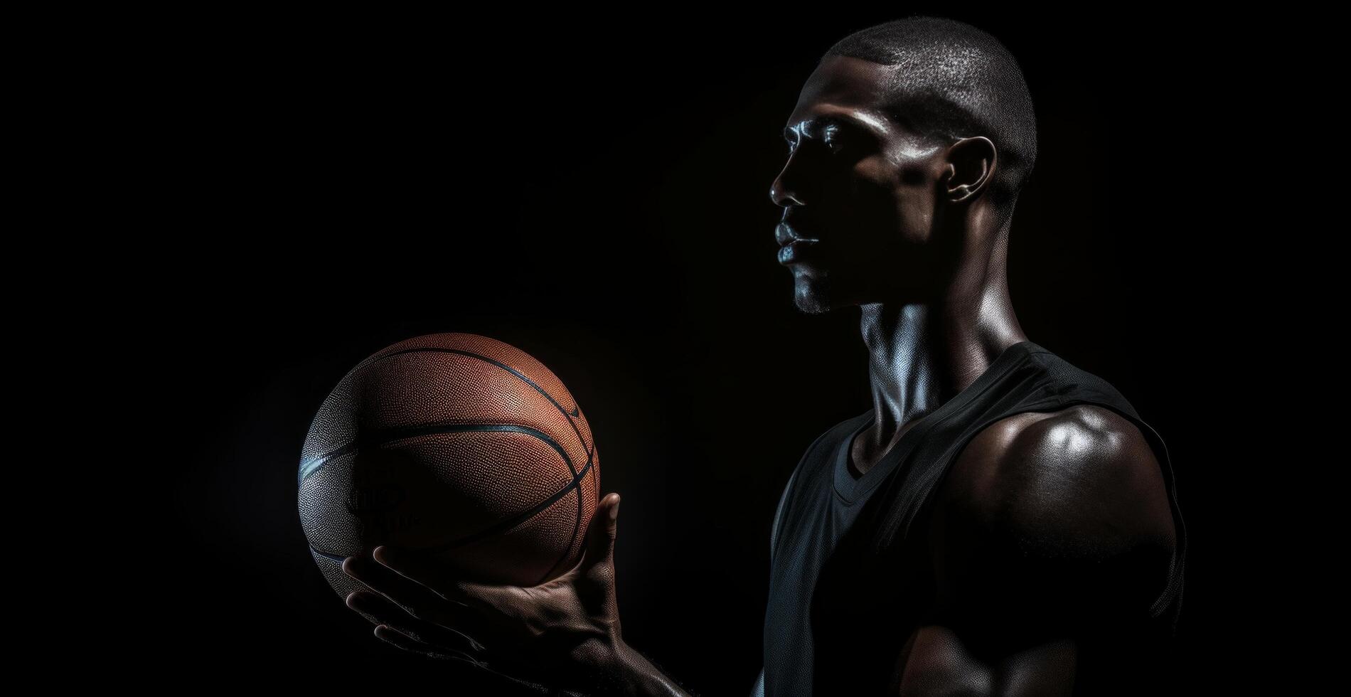 AI generated basketball player holding a ball on black background photo