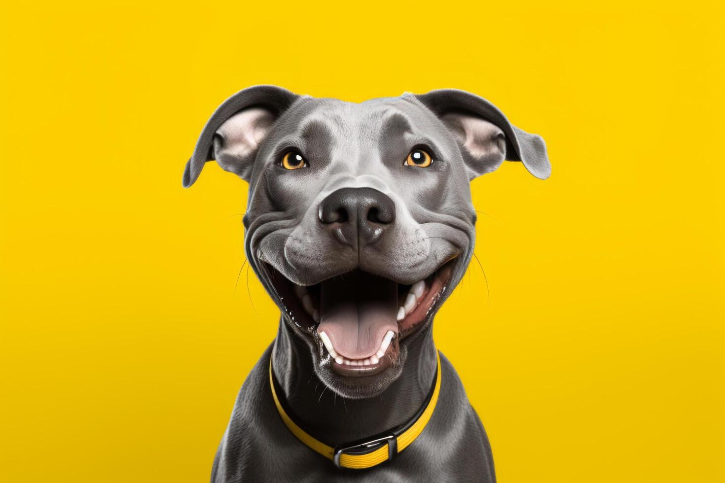 AI generated a pit bull dog is sticking his tongue out and is laughing photo