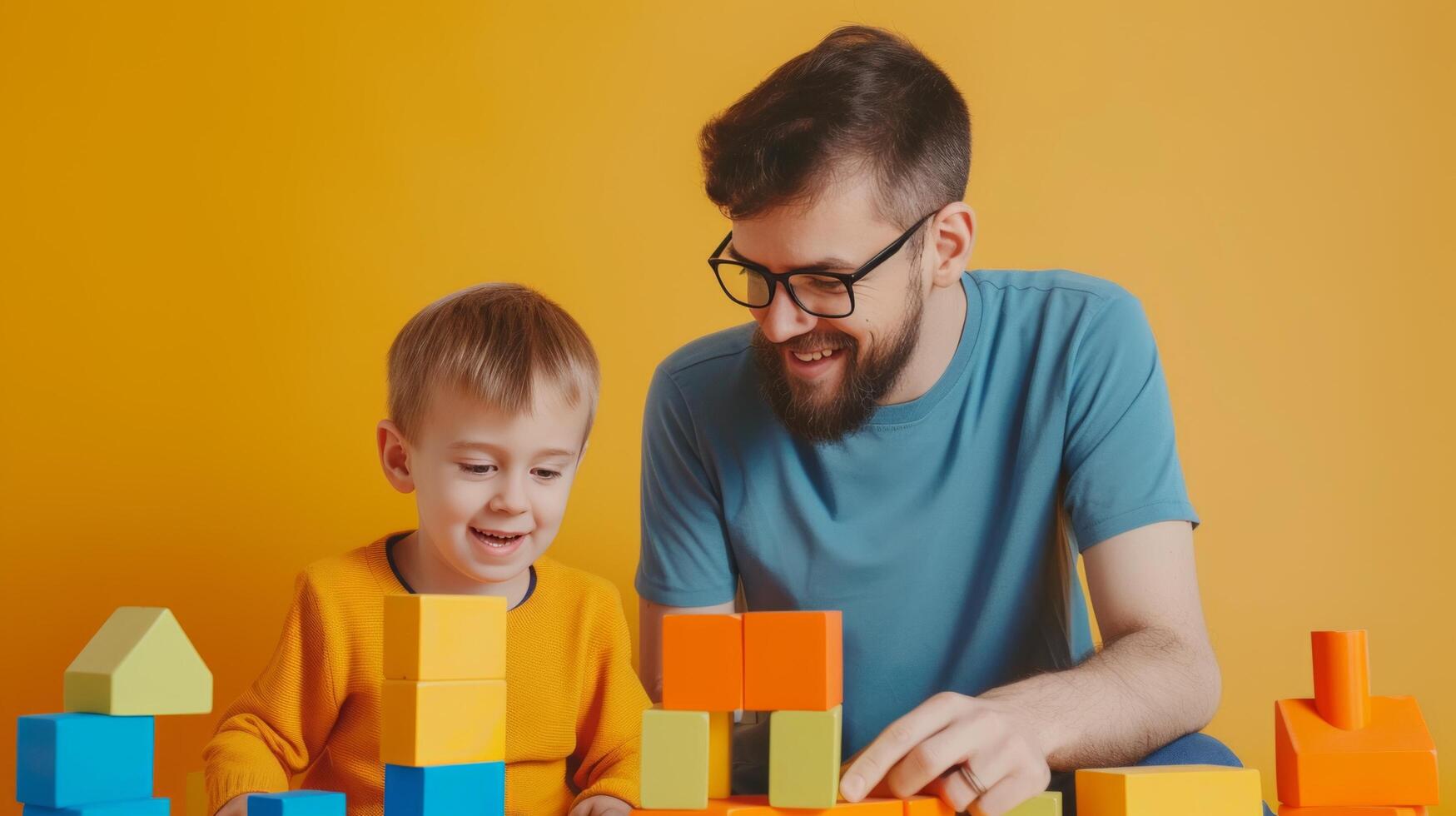 AI generated A seven-year-old boy and his father are assembling a house from blocks photo