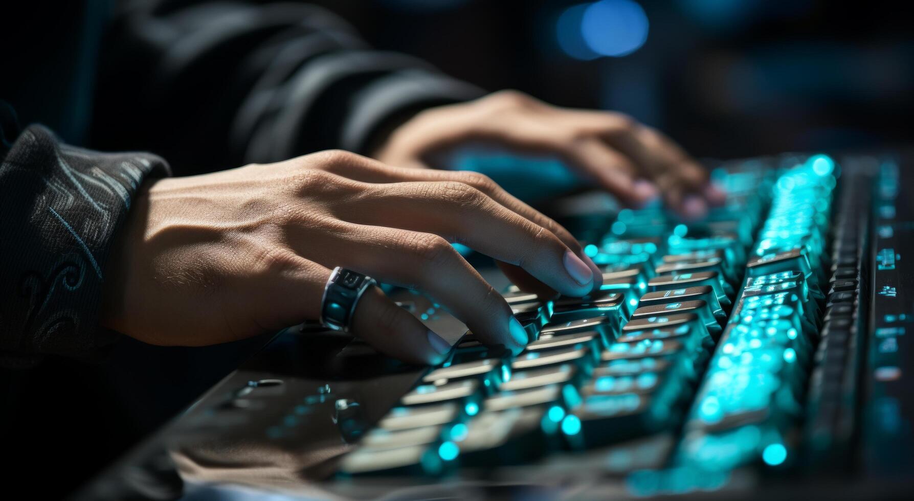 AI generated a robot hand is using a robot's hand at the keyboard of a computer photo
