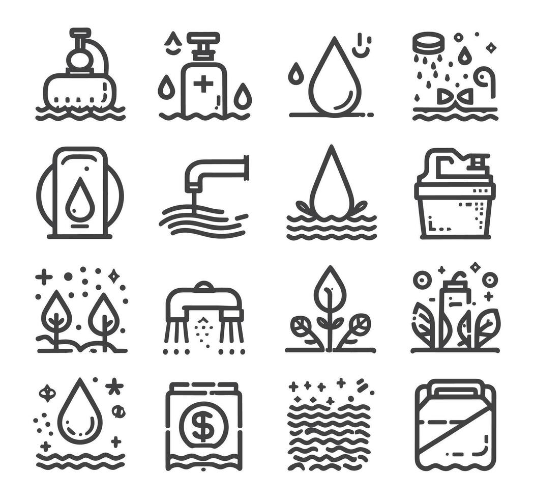 editable vector paquete de agua iconos agua gotas icono colocar. editable vector paquete de agua línea iconos un soltar de agua. vaso, lupa, Lavado manos, ducha. vector ilustración