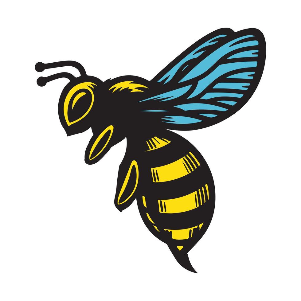 Cute friendly bee. Cartoon happy flying bee with big kind eyes. Insect character. Vector isolated on white