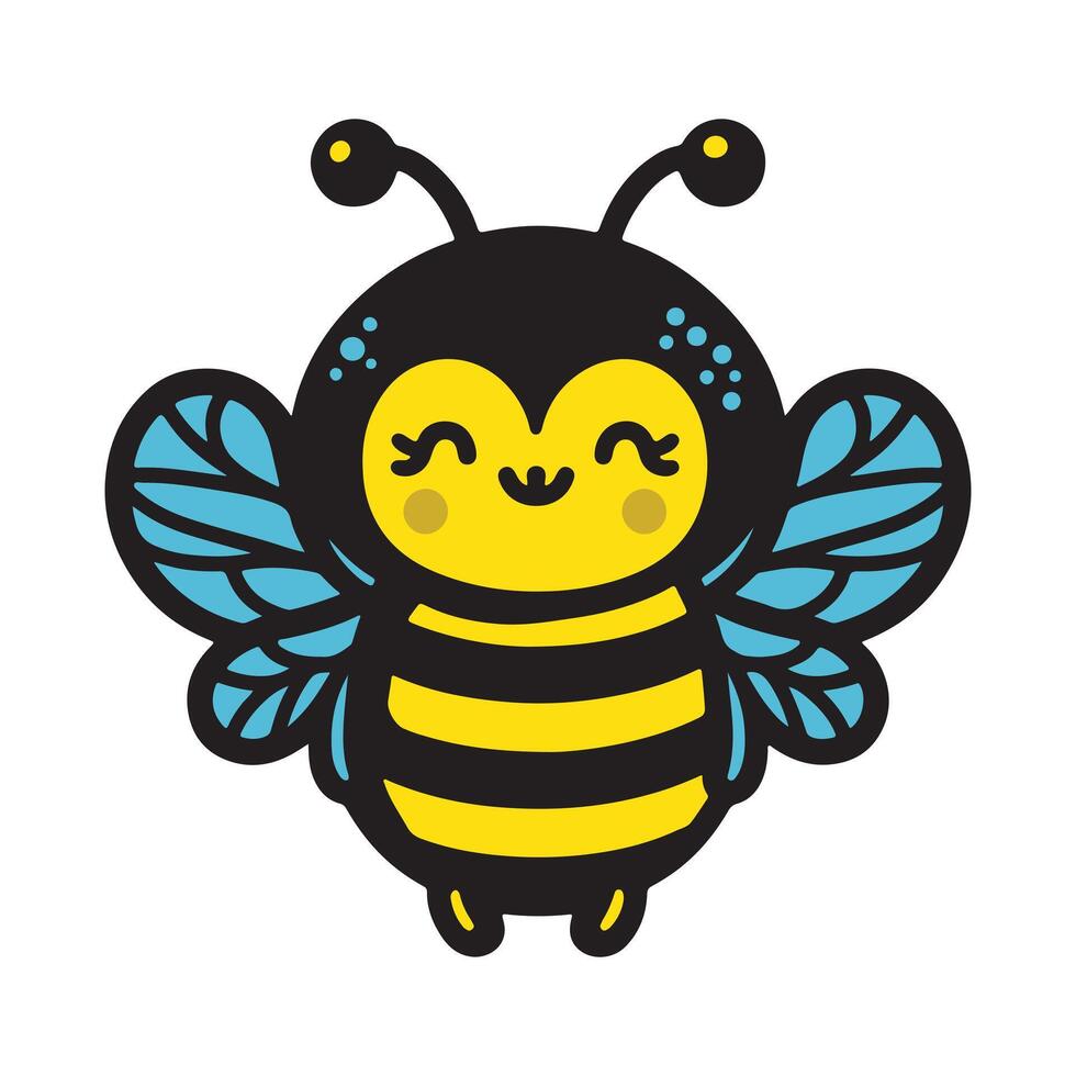 Cute friendly bee. Cartoon happy flying bee with big kind eyes. Insect character. Vector isolated on white