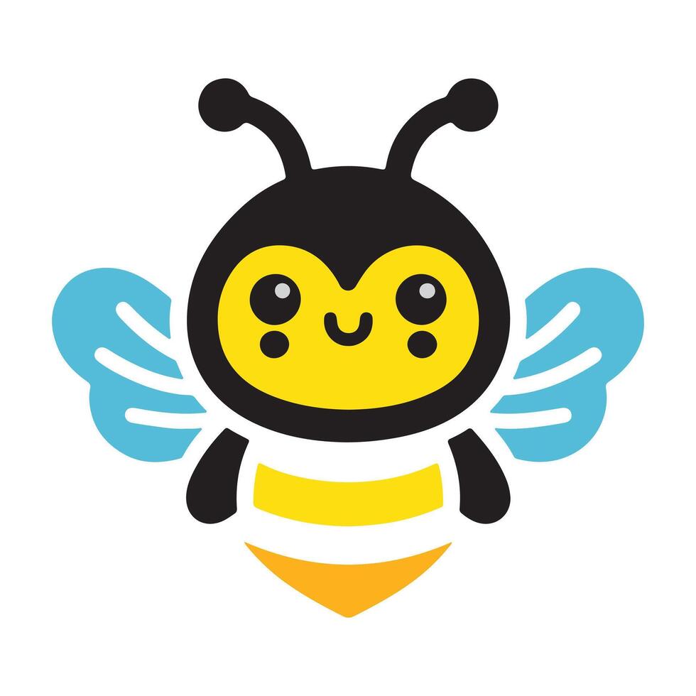 Cute friendly bee. Cartoon happy flying bee with big kind eyes. Insect character. Vector isolated on white