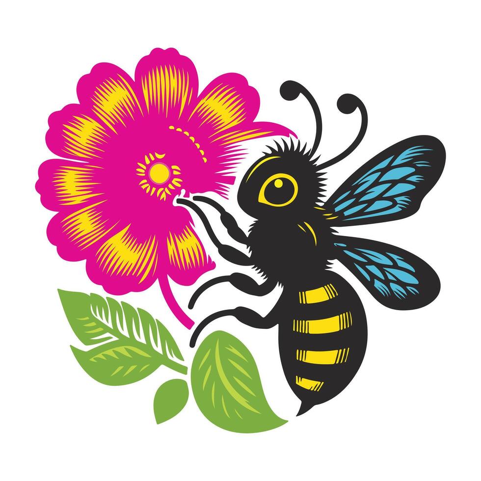 Cute friendly bee. Daisy flower with cute bee. Cartoon happy flying bee with big kind eyes. Insect character. Vector isolated on white