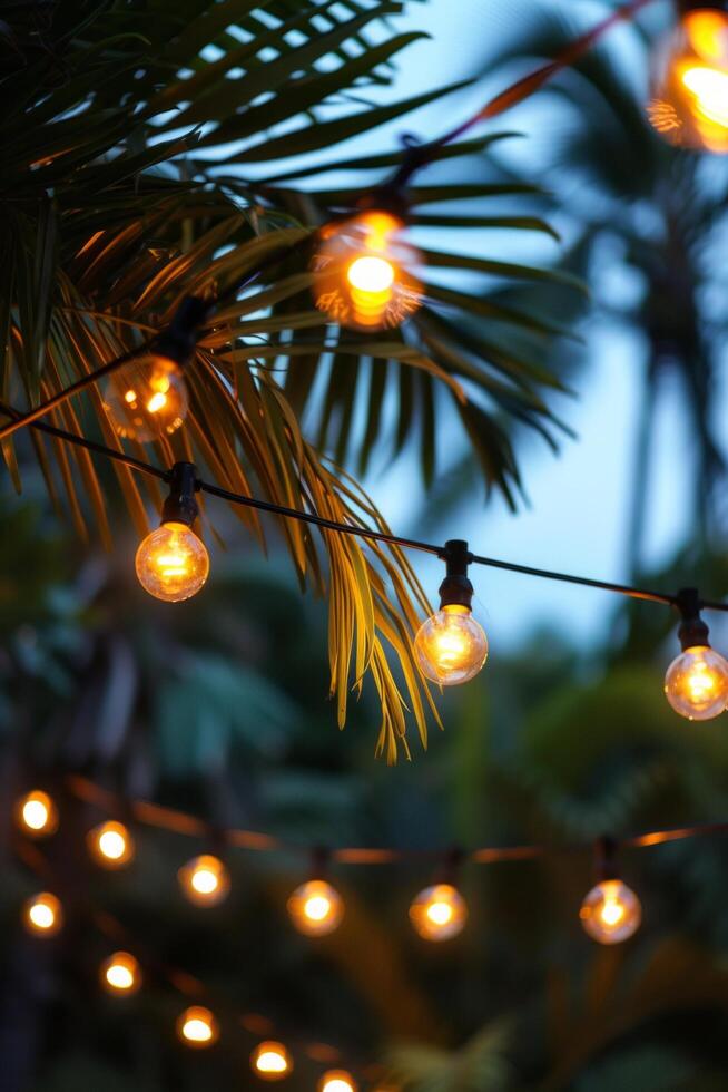 AI generated Beautiful background for advertising a night summer party with palm trees, garlands of light bulbs and plenty of space in the center for text photo