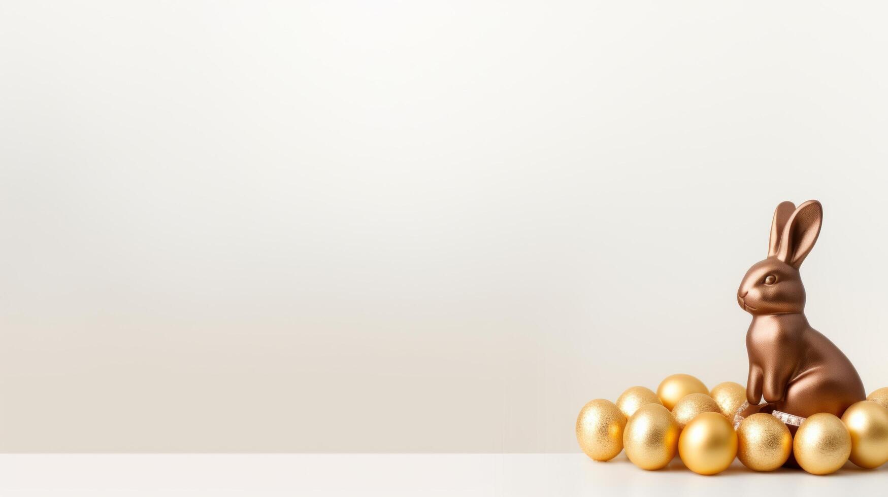 AI generated Beautiful minimalistic Easter background with chocolate bunny and golden Easter eggs with large copyspace area photo