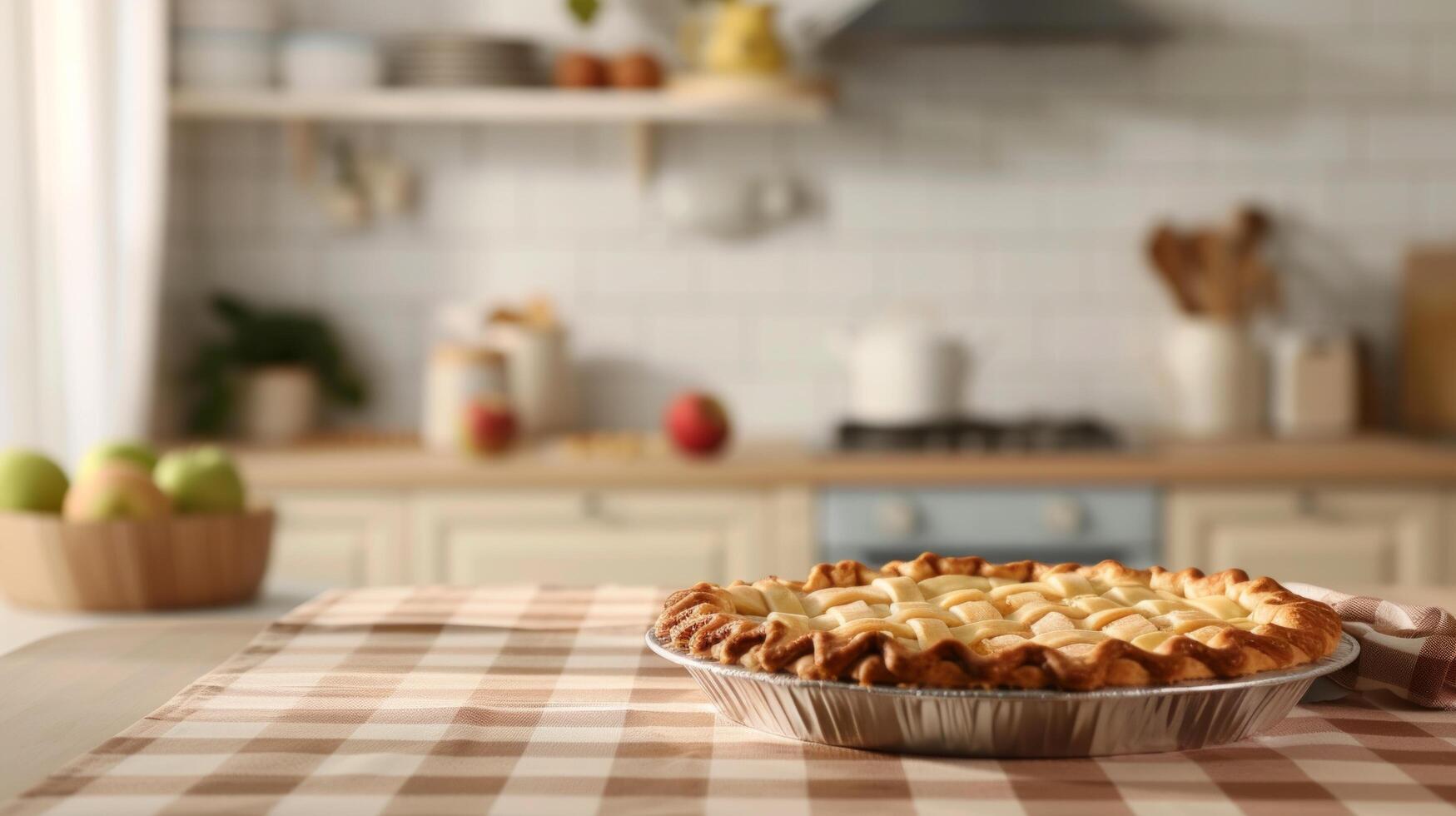 AI generated Delicious apple pie stands on a checkered tablecloth against a blurred light kitchen background photo