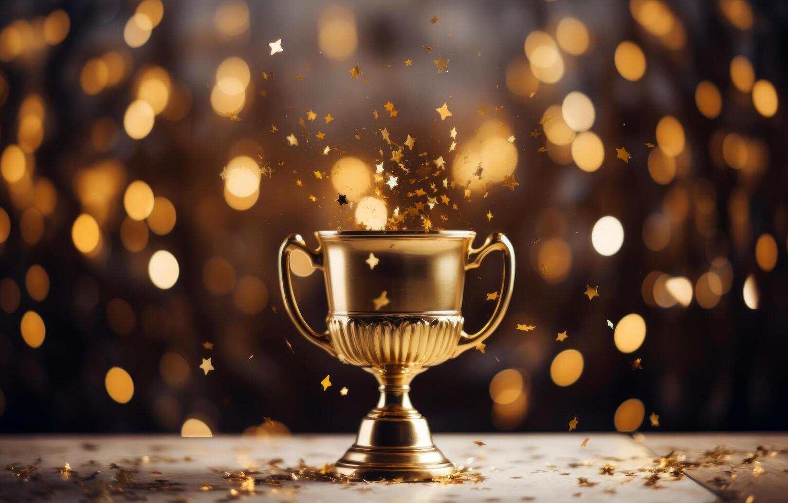 AI generated gold trophy with stars and gold sparklers photo