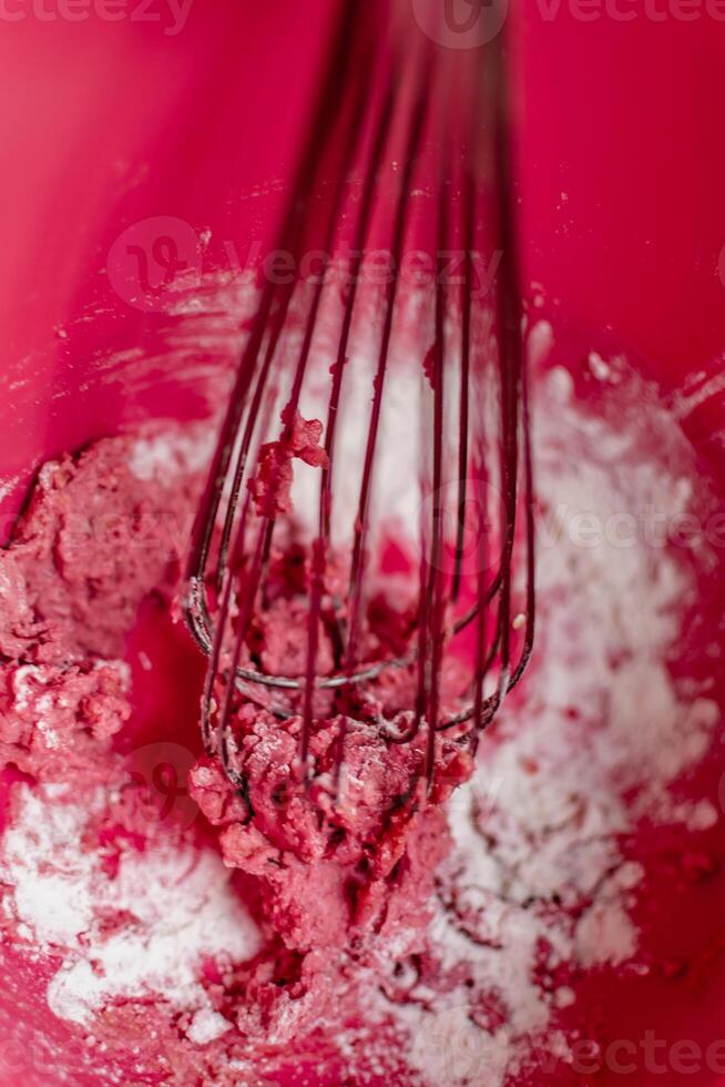 Child having fun modeling salt dough, authentic activity with natural pink coloring beet juice, fine motor skills development photo