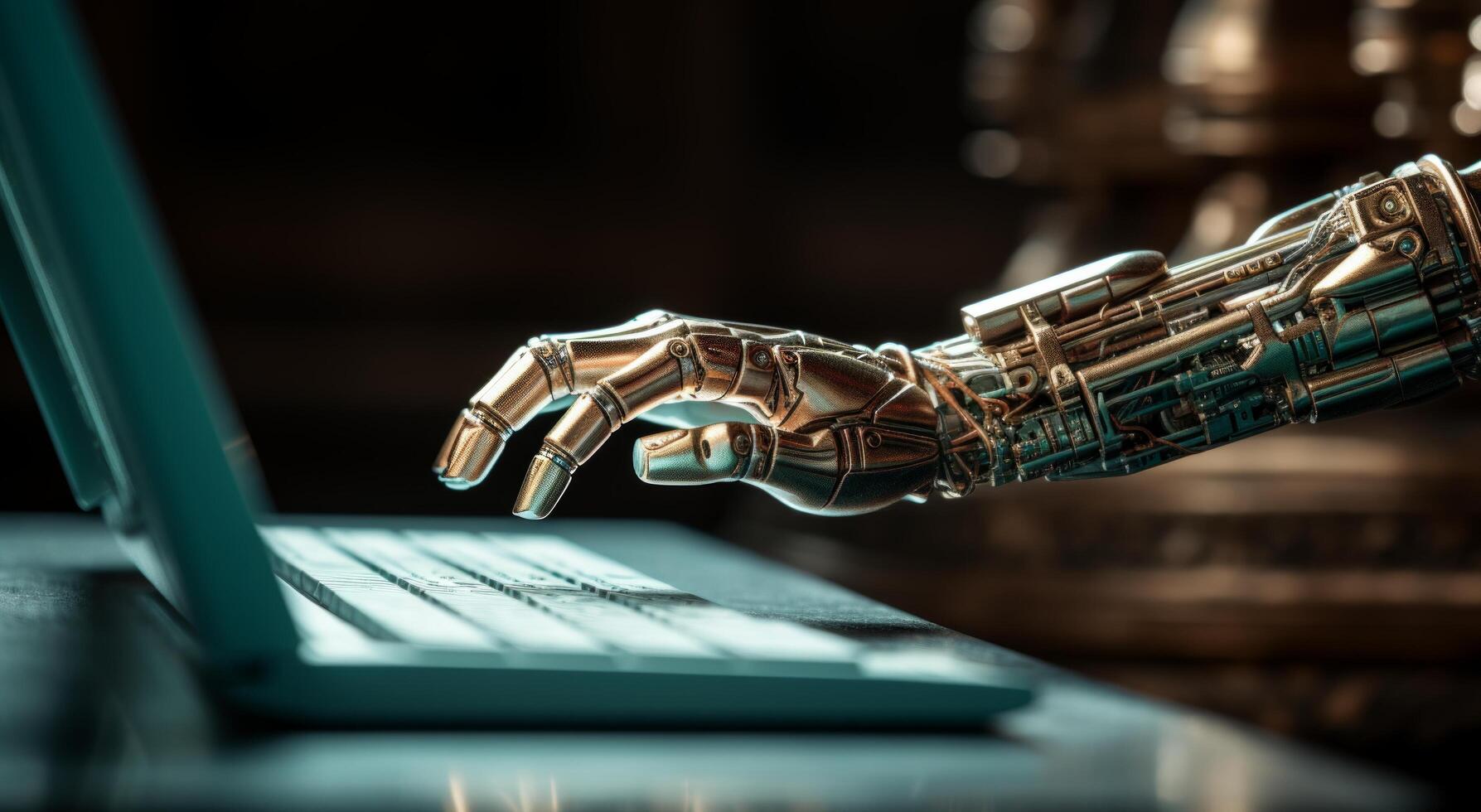 AI generated robotic hand on a laptop keyboard photo
