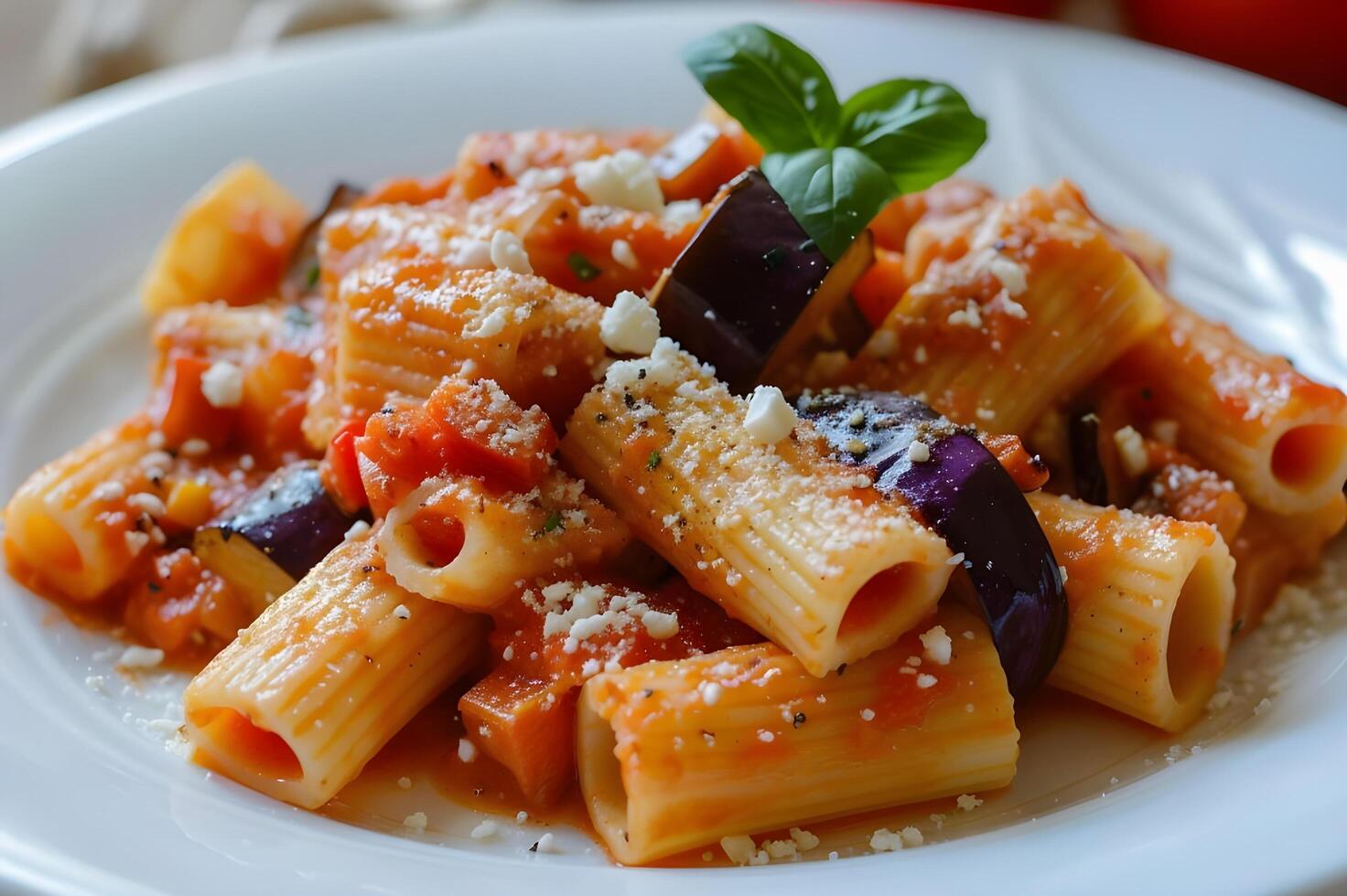 AI generated Sicilian Elegance Rigatoni alla Norma with Eggplant Tomatoes and Ricotta Salata on Tiles Pattern photo