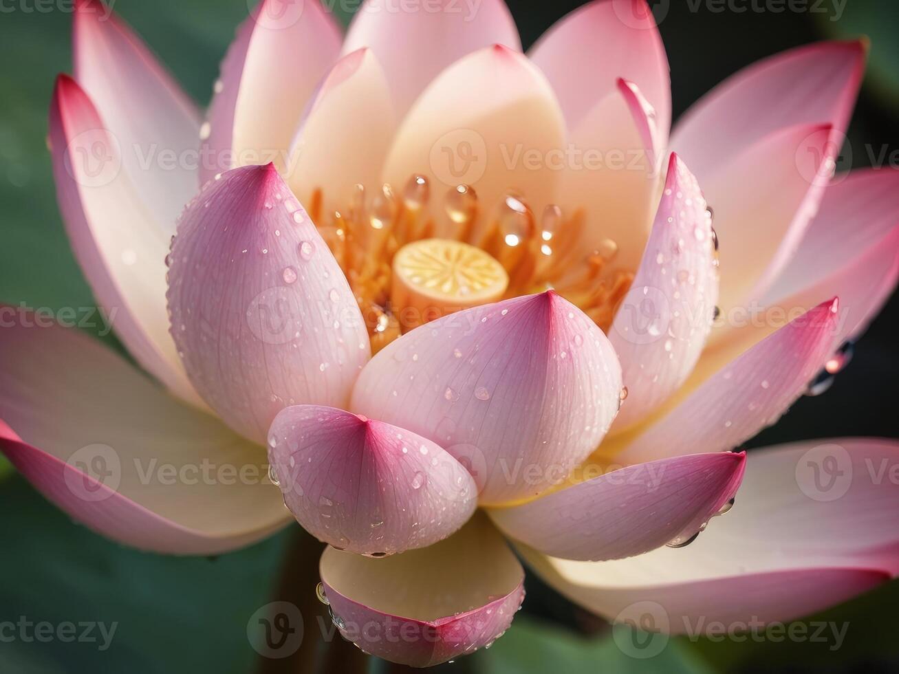 AI generated closeup of Lotus flower with water droplets photo