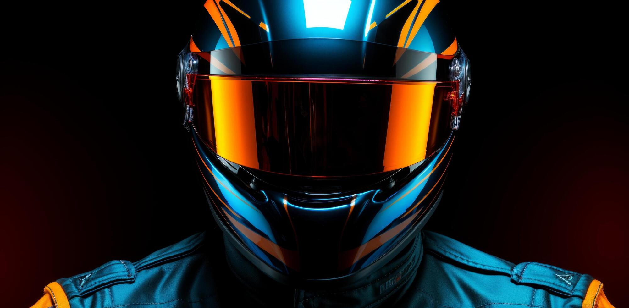 AI generated the image of a racing driver with his helmet, dark orange and light blue photo