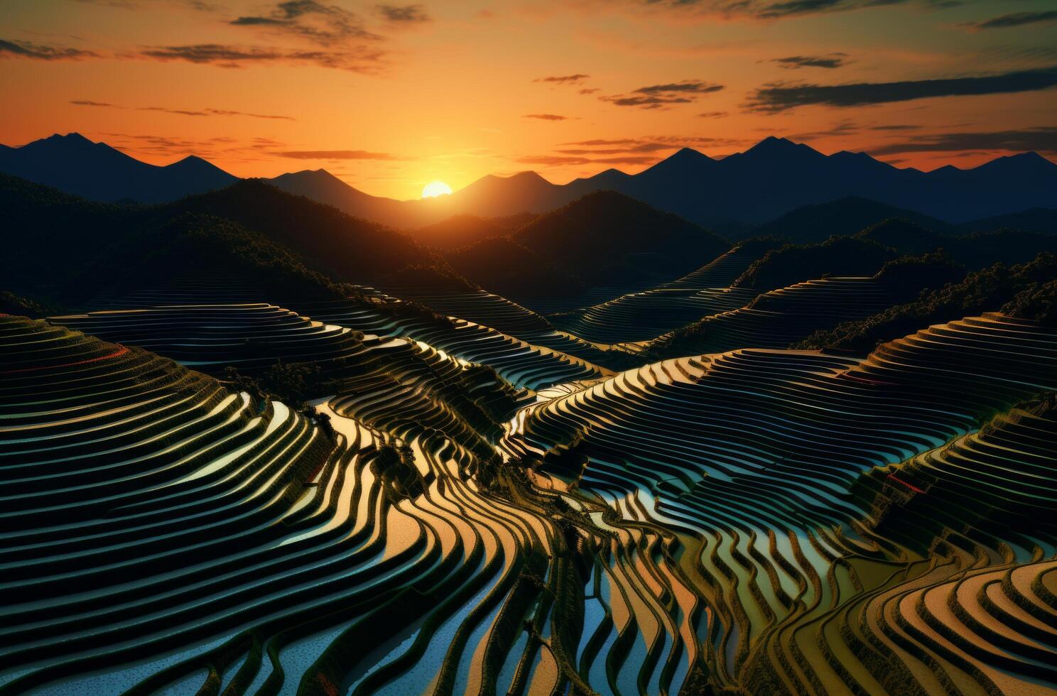 ai generado arroz gradas en Vietnam en el puesta de sol foto