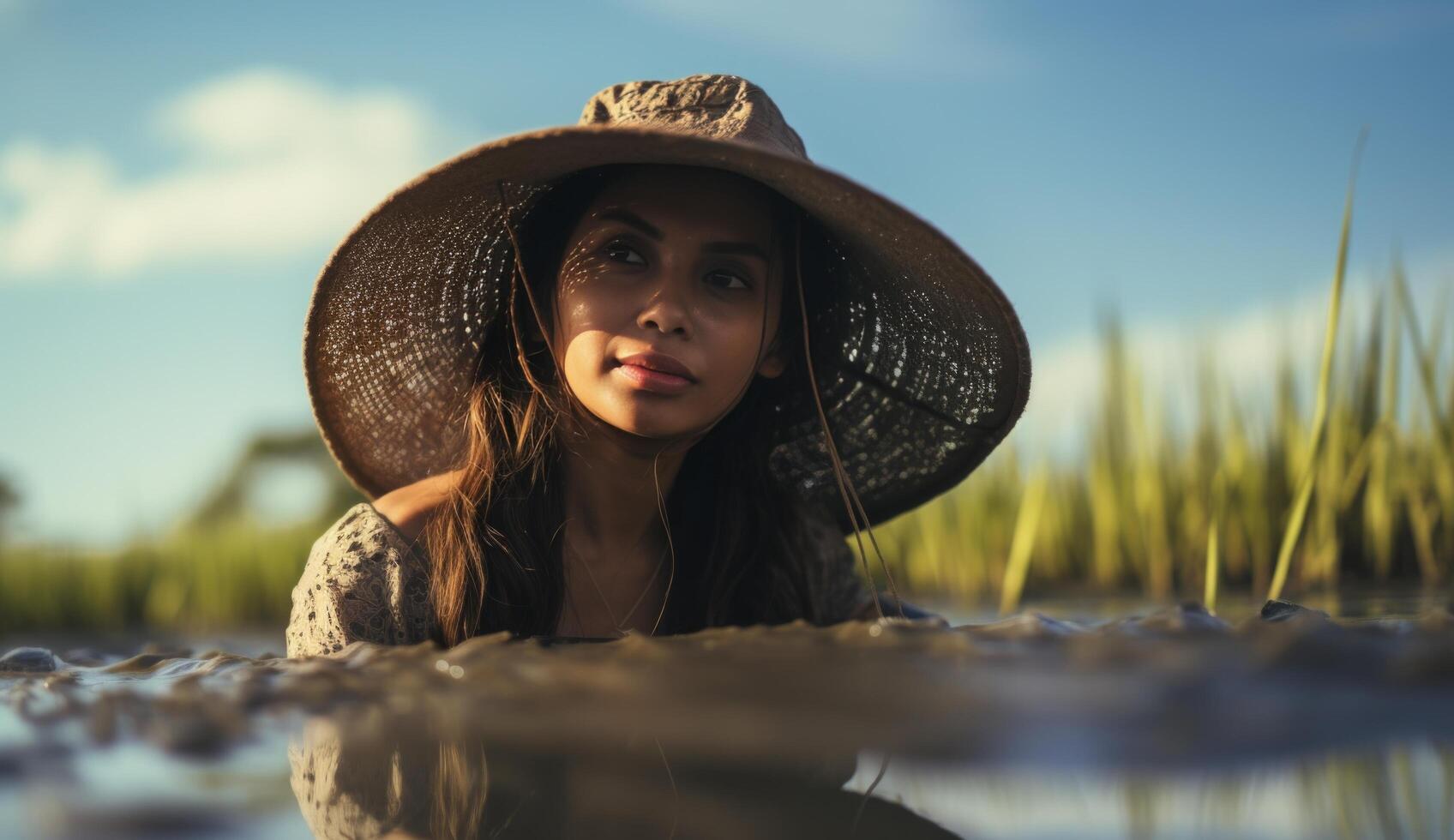 AI generated woman wearing a hat in a rice field photo
