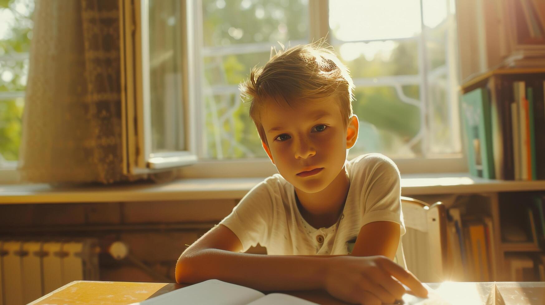 AI generated Studious Moment in Sunlit Room photo