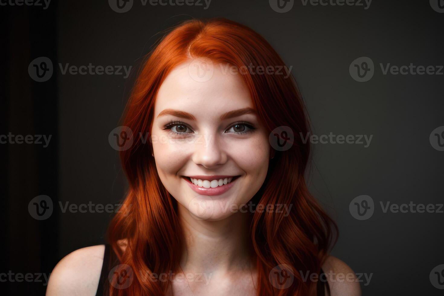 AI Generated Portrait beautiful redhead model woman with white teeth smile, healthy long hair and beauty skin on dark background. Concept of advertising dentist and facial care. Generative AI photo