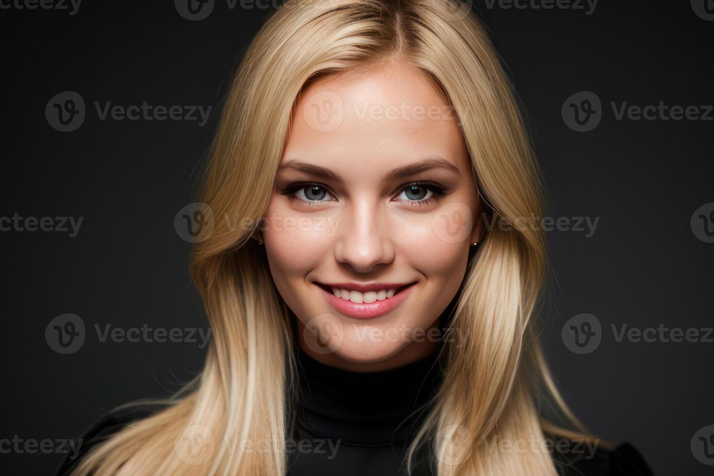 AI Generated Portrait beautiful blonde model young woman with white teeth smile, healthy long hair and beauty skin. Concept of advertising dentist and facial care. Generative AI photo