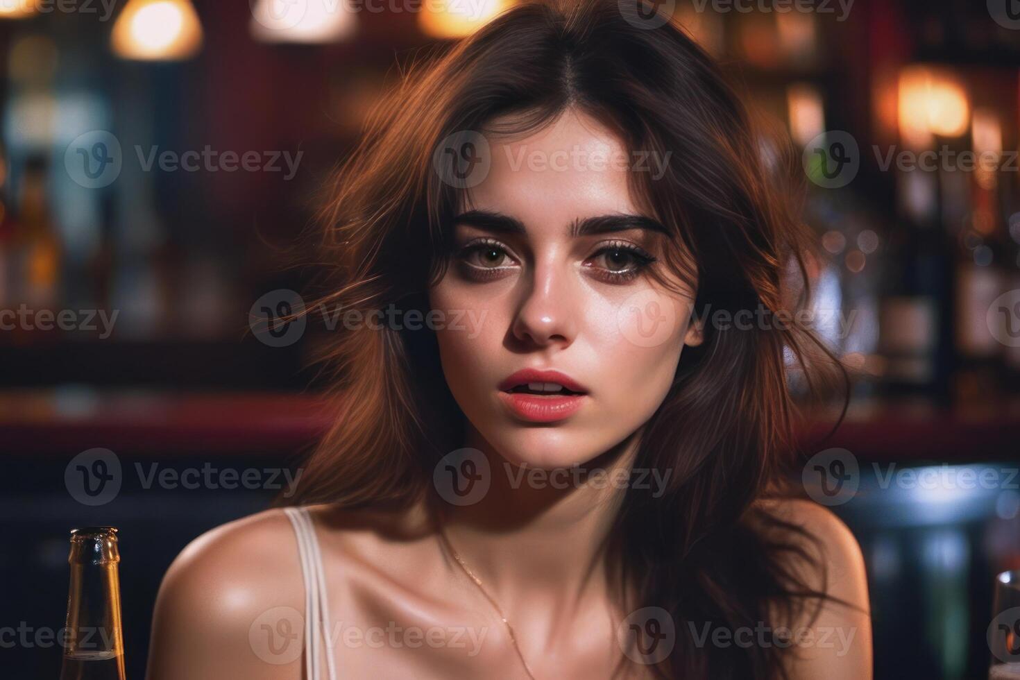 AI Generated Pretty drunk girl at the bar. Concept of alcoholism. Generative AI photo